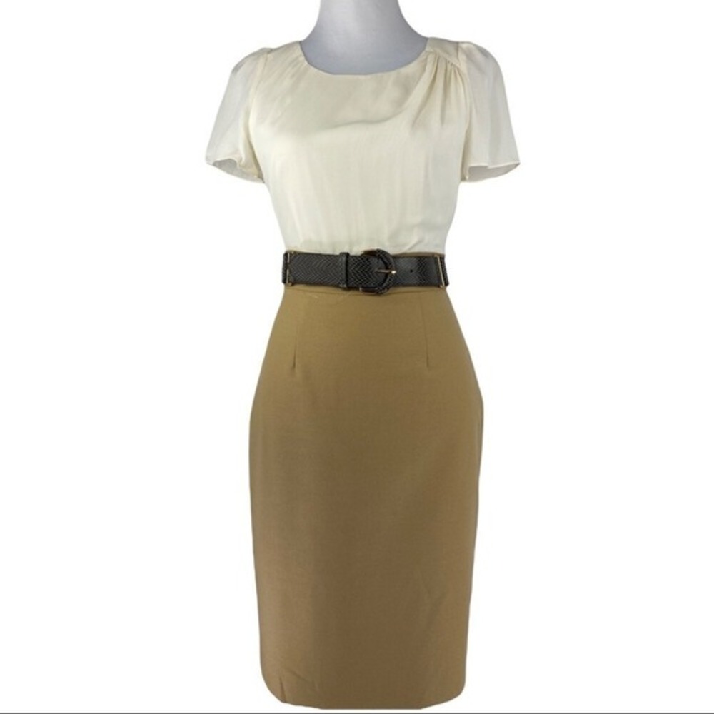 Tahari Arthur S Levine Kim Silk Dress 2 Cream Camel‎ Pencil Sheath Belted NEW